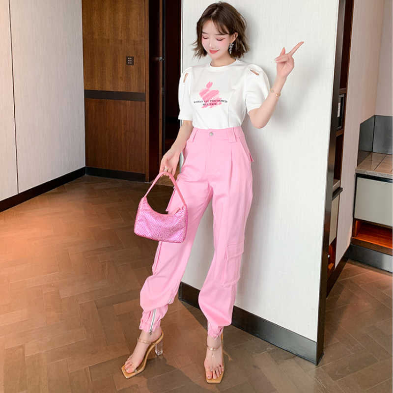 オープンショルダーパフスリーブTシャツ×シャーベットピンクカーゴパンツ【上下別売り可】
