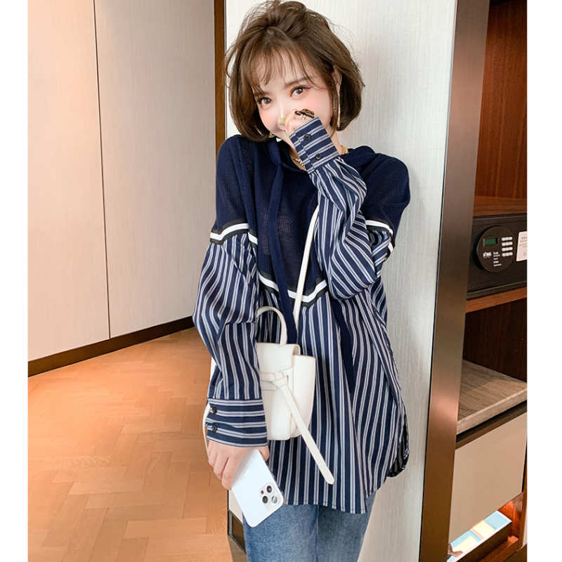異素材ストライプニットフーディー×ラインストーン付ツートーンデニムパンツ【上下別売り可】