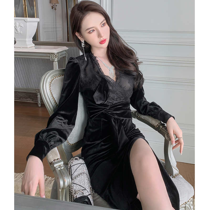 レースコンビネーションスリット入りベロアワンピース