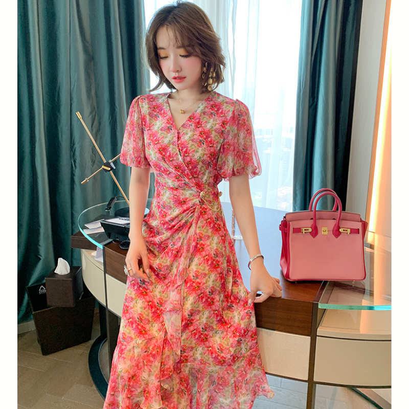 ランタンスリーブ花柄カシュクールマーメイドワンピース