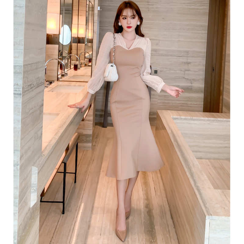 パフスリーブブラウスコンビマーメイドワンピース