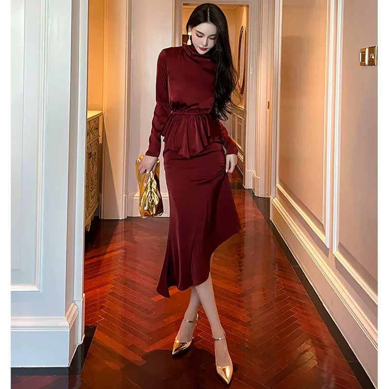 ハイネックペプラムトップ×アシンメトリースカート(2colors)