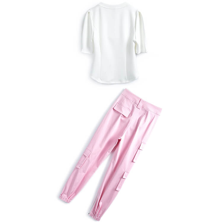 オープンショルダーパフスリーブTシャツ×シャーベットピンクカーゴパンツ【上下別売り可】