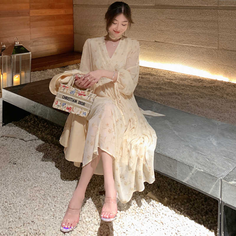 ウエストオープンカシュクール花柄ロングワンピース