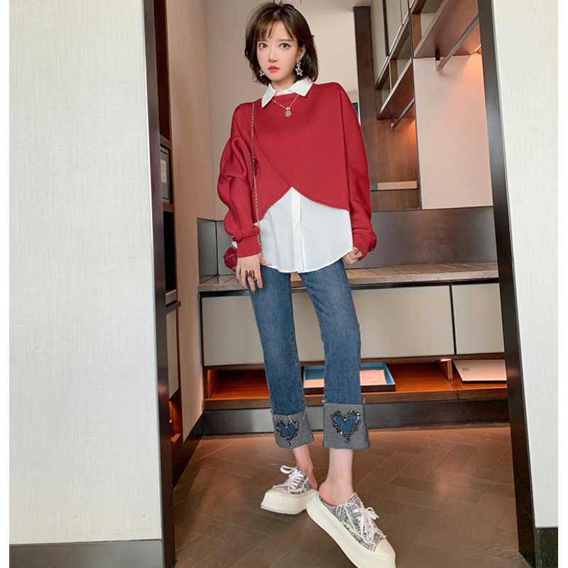 カシュクールクロップドスウェット×ノースリーブシャツ×ハートビジューデニムパンツ【上下別売り可】