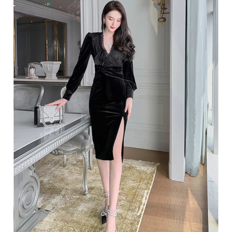 レースコンビネーションスリット入りベロアワンピース