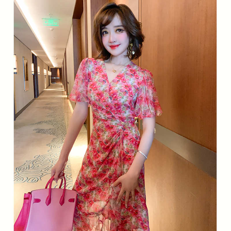 ランタンスリーブ花柄カシュクールマーメイドワンピース