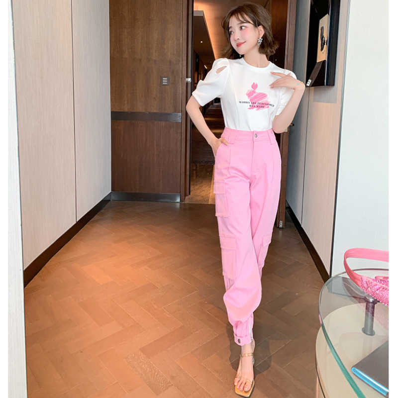 オープンショルダーパフスリーブTシャツ×シャーベットピンクカーゴパンツ【上下別売り可】