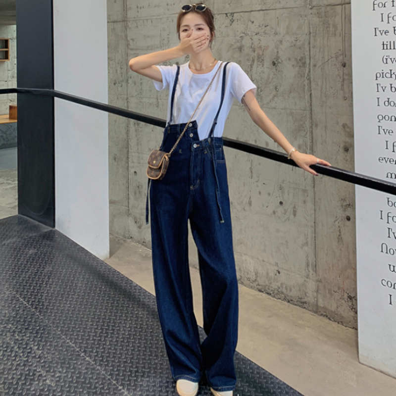Tシャツ×サスペンダー付きアシメウエストワイドデニムパンツ
