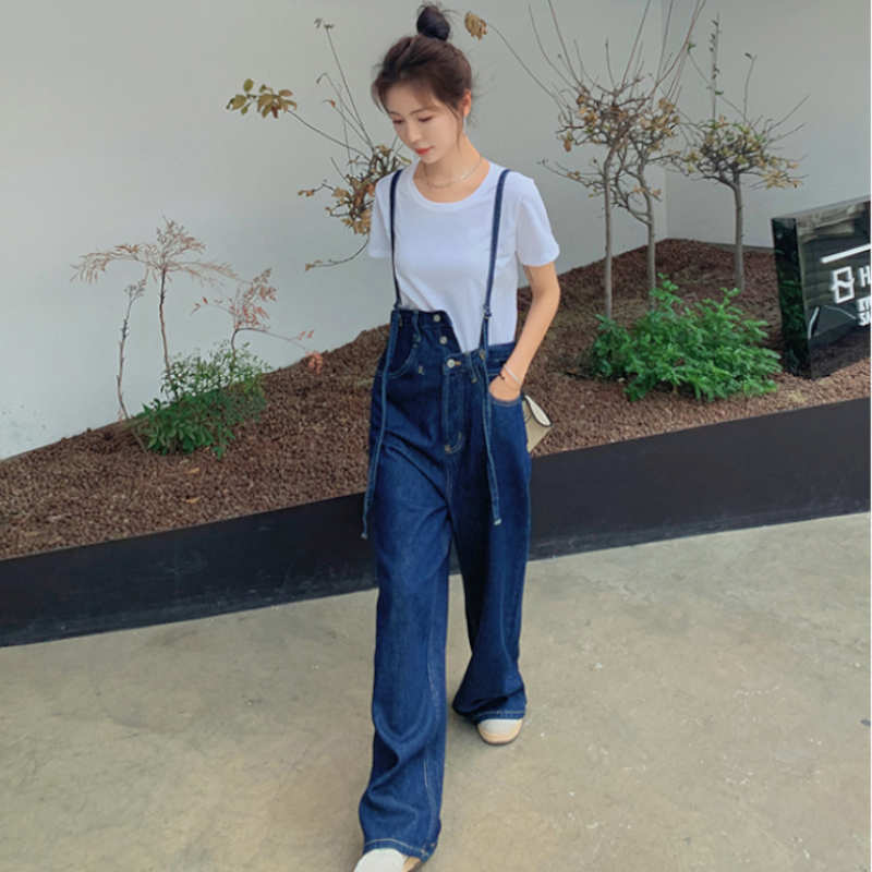 Tシャツ×サスペンダー付きアシメウエストワイドデニムパンツ