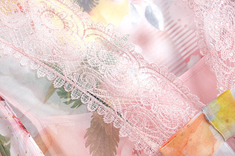 キャミワンピース×レースドッキング花柄シアーフレアワンピース