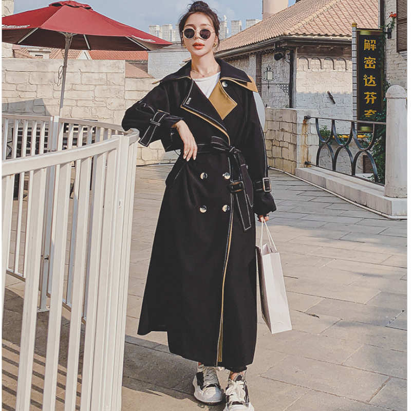 レイヤード風ステッチ入りロングトレンチコート