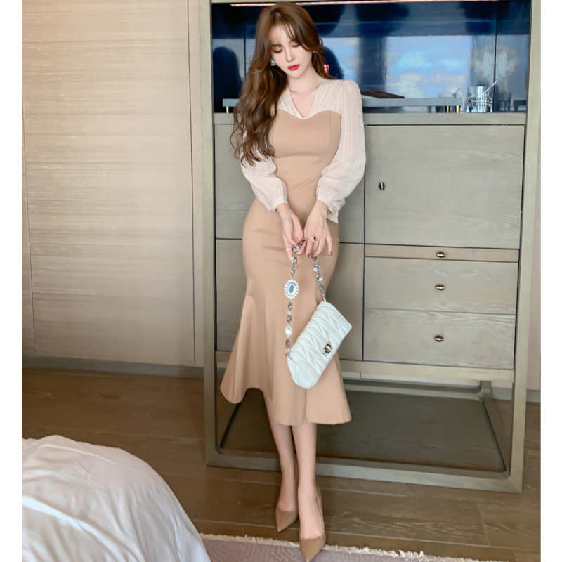 パフスリーブブラウスコンビマーメイドワンピース