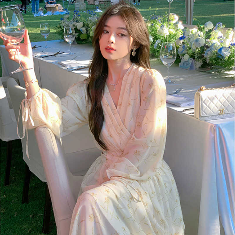 ウエストオープンカシュクール花柄ロングワンピース