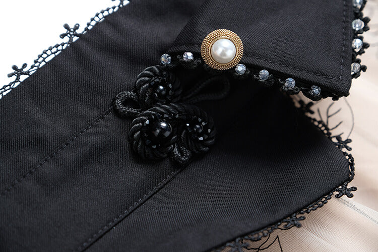 ドットシアースリーブニットトップス×パール付き刺繍入りチュールスカート【上下別売り可】