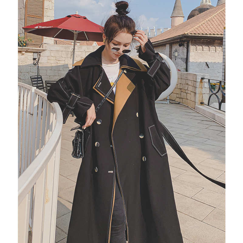 レイヤード風ステッチ入りロングトレンチコート