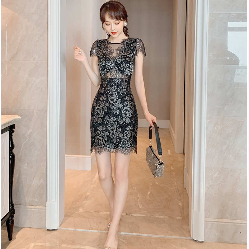 ラメ総レースシアースカラップミニワンピース