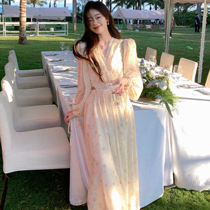 ウエストオープンカシュクール花柄ロングワンピース