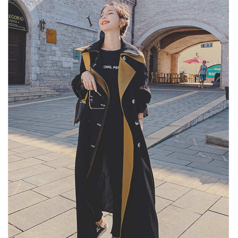 レイヤード風ステッチ入りロングトレンチコート