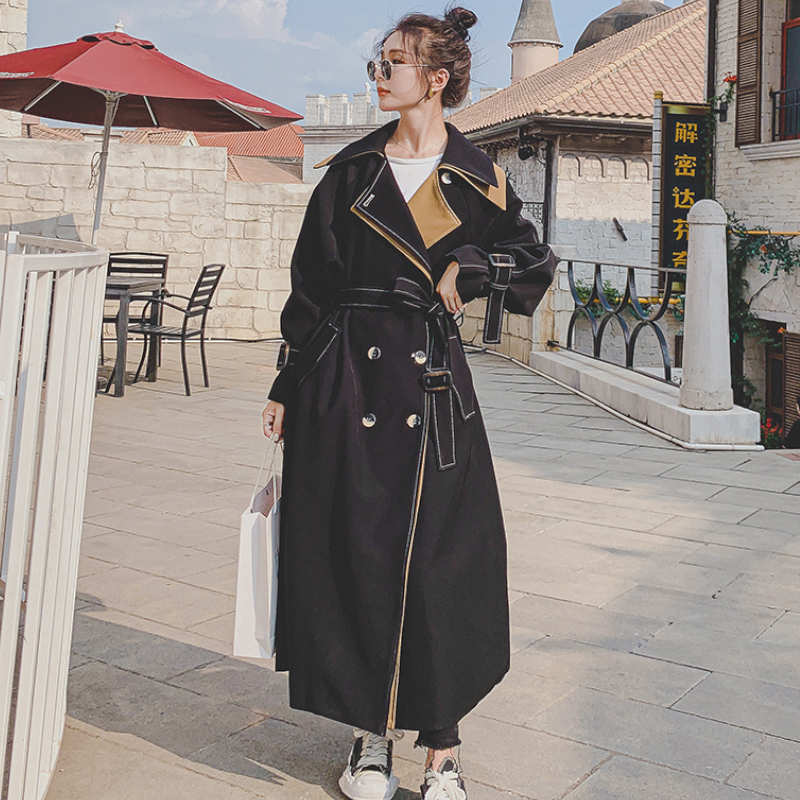 レイヤード風ステッチ入りロングトレンチコート