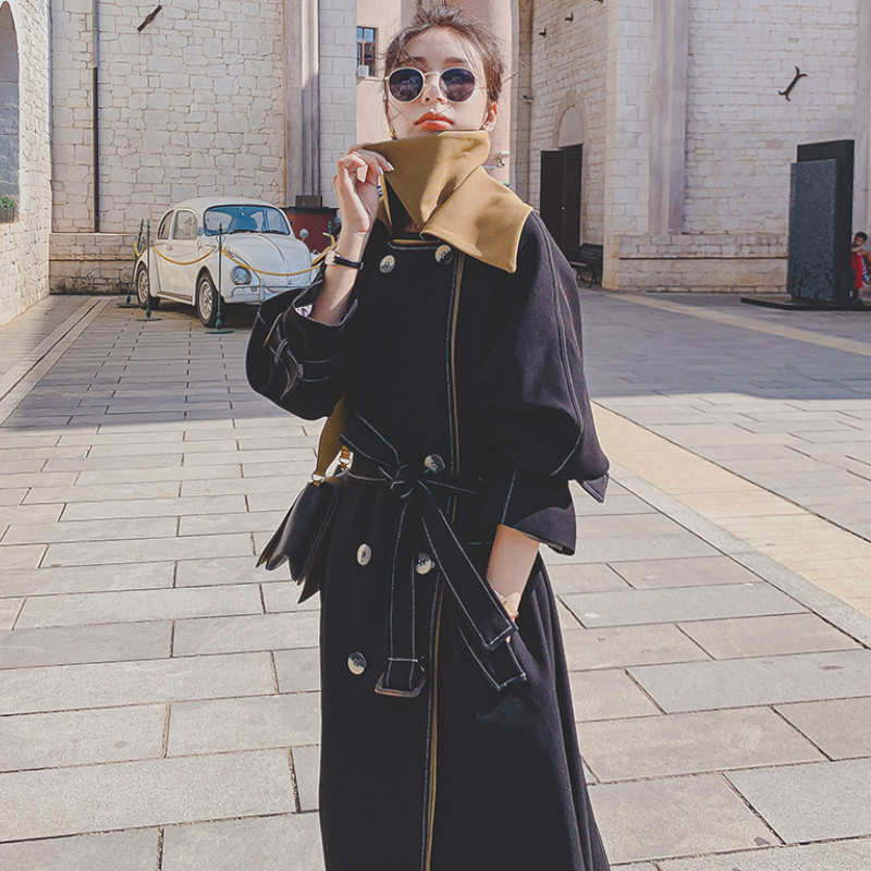 レイヤード風ステッチ入りロングトレンチコート