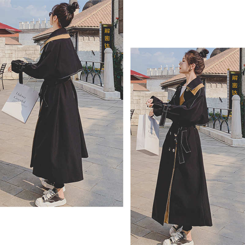 レイヤード風ステッチ入りロングトレンチコート