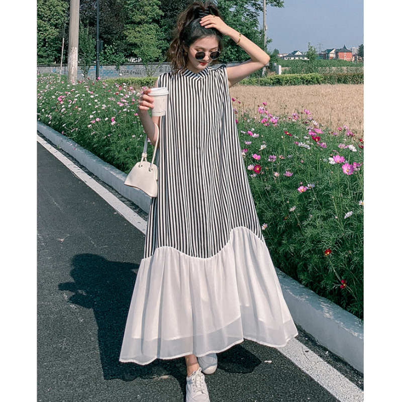 シアーフリルヘムストライプノースリーブワンピース