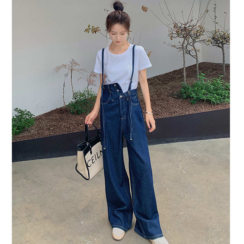 Tシャツ×サスペンダー付きアシメウエストワイドデニムパンツ