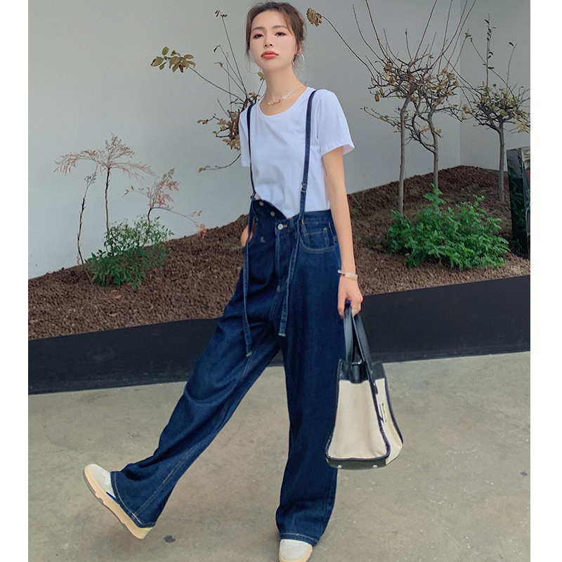 Tシャツ×サスペンダー付きアシメウエストワイドデニムパンツ