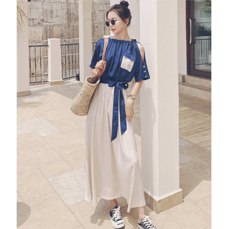 バイカラーウエストリボンギャザーロングワンピース(2colors)