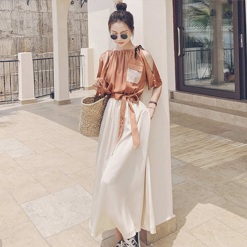 バイカラーウエストリボンギャザーロングワンピース(2colors)