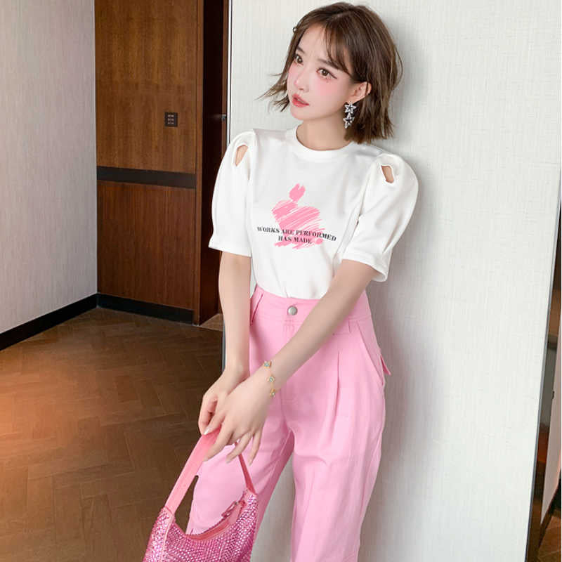 オープンショルダーパフスリーブTシャツ×シャーベットピンクカーゴパンツ【上下別売り可】