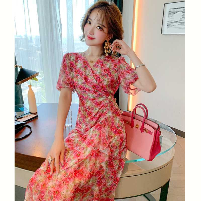 ランタンスリーブ花柄カシュクールマーメイドワンピース