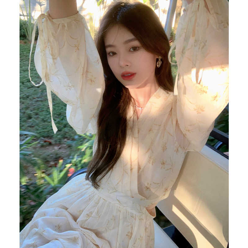 ウエストオープンカシュクール花柄ロングワンピース