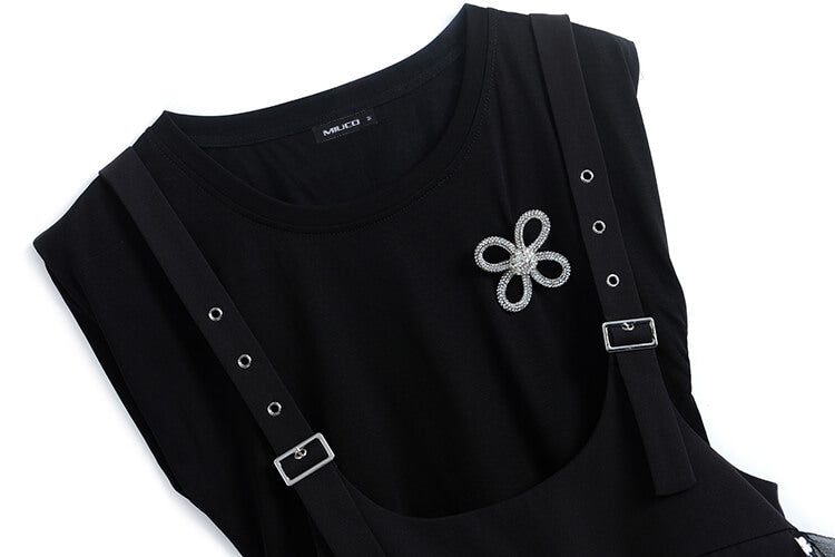 ビジューフラワーモチーフ付きTシャツ×ドットシアーサロペットワンピース