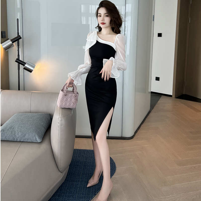 異素材スリーブコンシャスアシメスリットワンピース