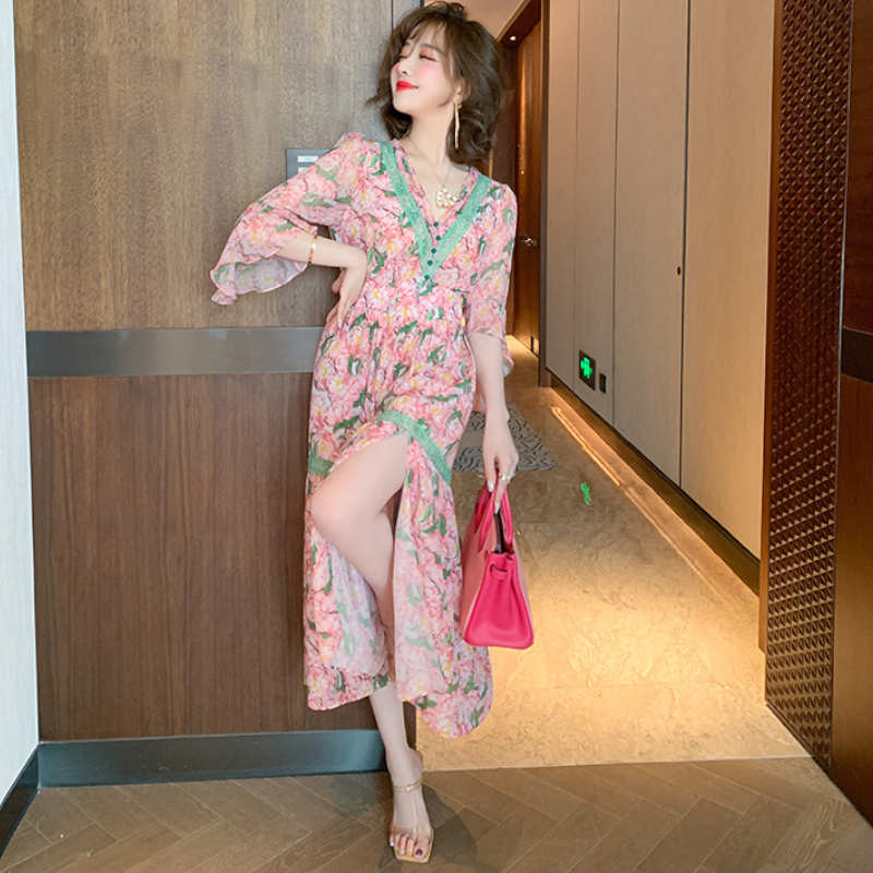 レースドッキングフレアスリーブ花柄ワンピース