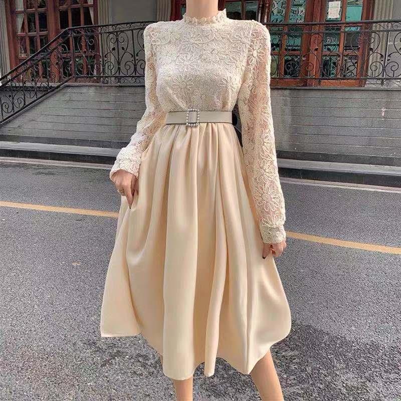 レースブラウスコンビネーションフレアワンピース