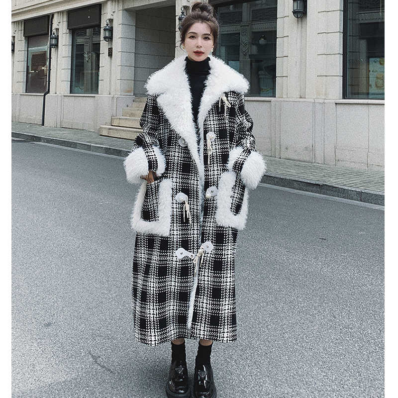 ファーコンビチェック柄ロングコート