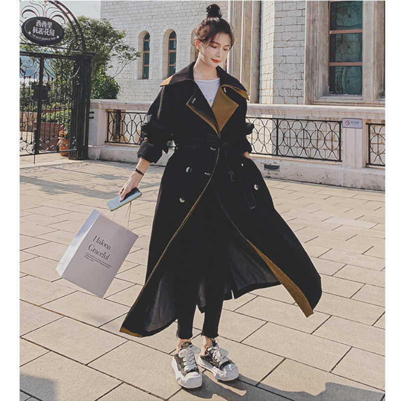 レイヤード風ステッチ入りロングトレンチコート