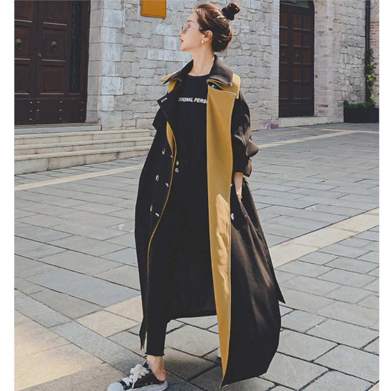 レイヤード風ステッチ入りロングトレンチコート