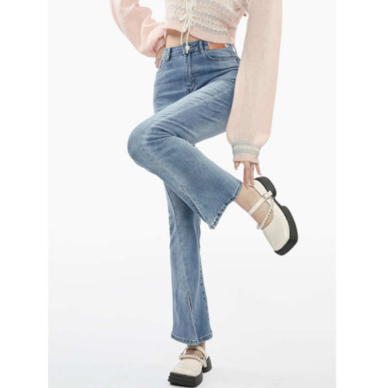 クロシェマルチボーダークロップドニット×スリットフレアデニムパンツ【上下別売り可】