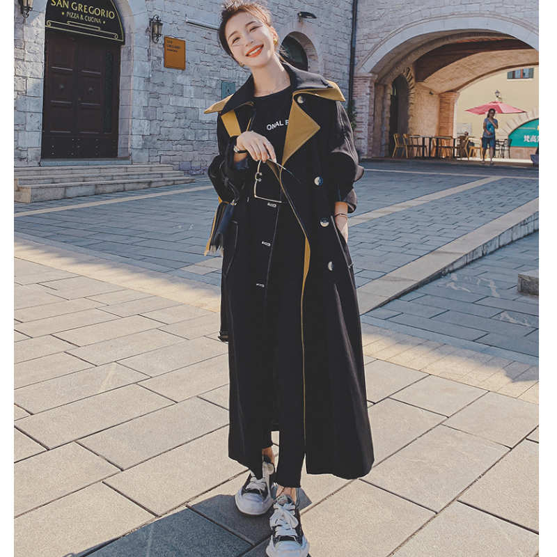 レイヤード風ステッチ入りロングトレンチコート