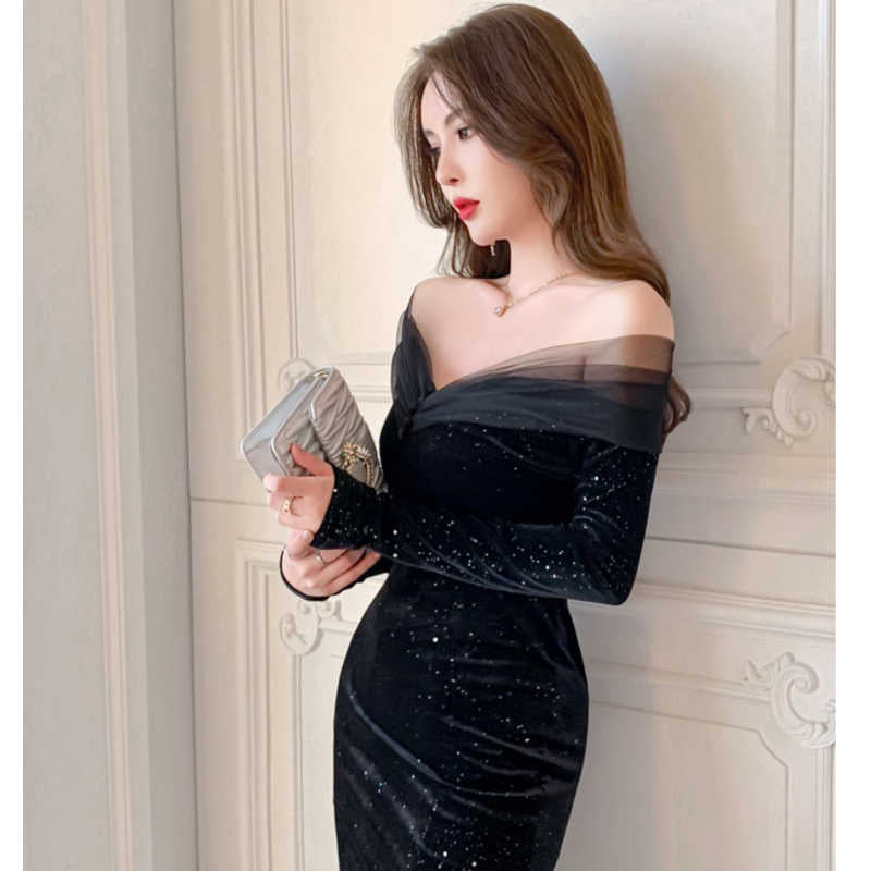 オフショルダーシアーコンビラメベロアペンシルワンピース