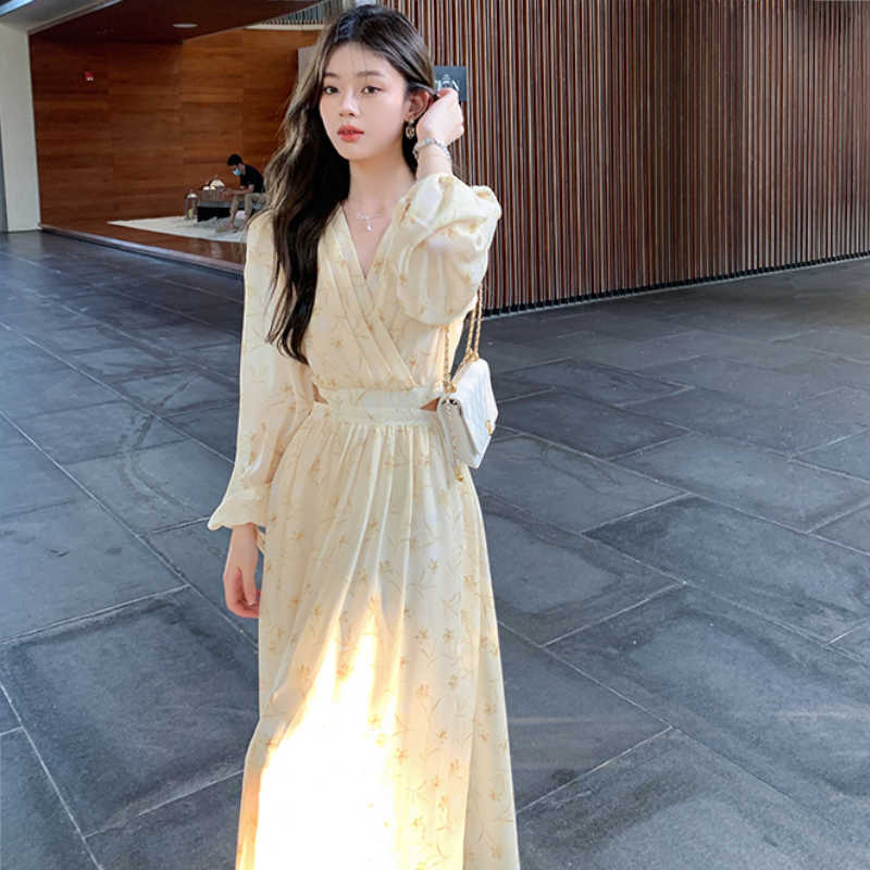 ウエストオープンカシュクール花柄ロングワンピース