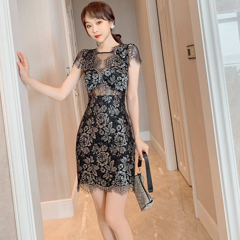 ラメ総レースシアースカラップミニワンピース