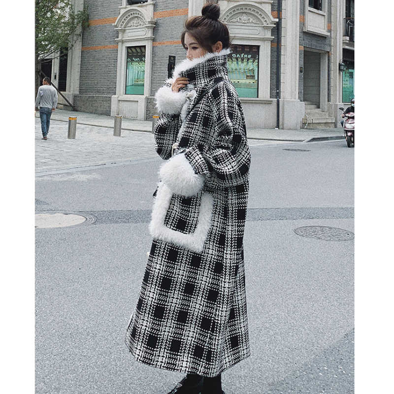 ファーコンビチェック柄ロングコート