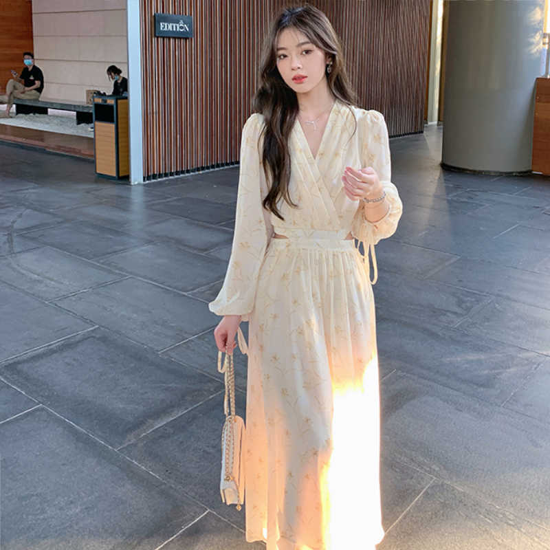 ウエストオープンカシュクール花柄ロングワンピース