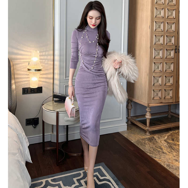 ハイネックウエストギャザーペンシルロングワンピース(3colors)