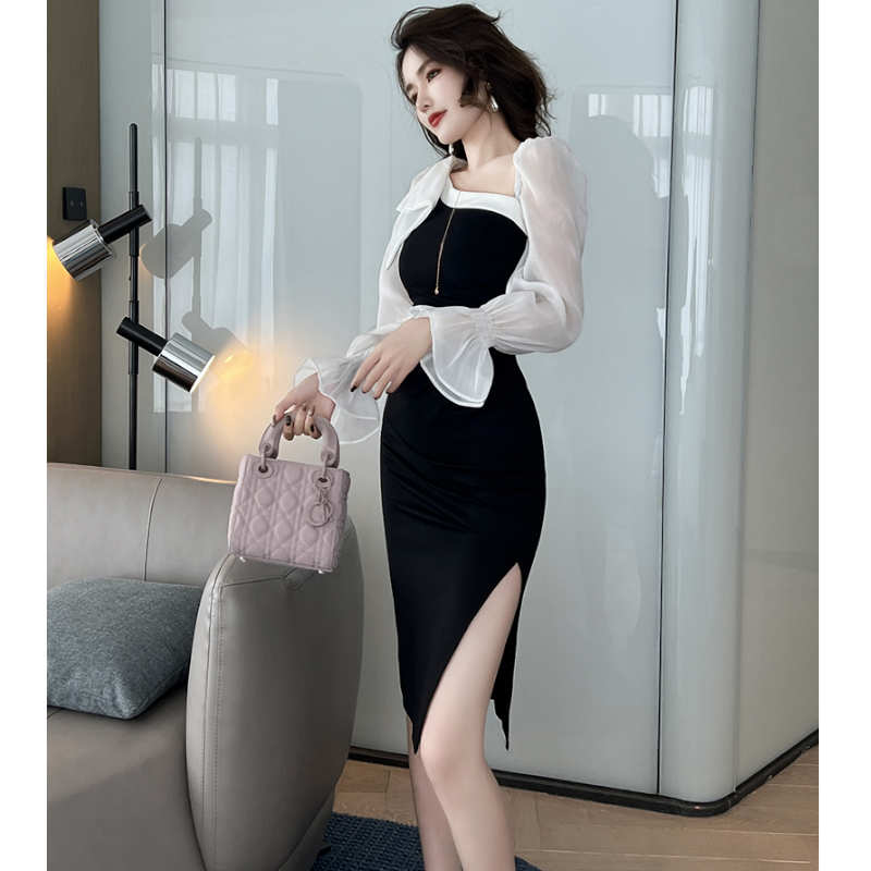 異素材スリーブコンシャスアシメスリットワンピース